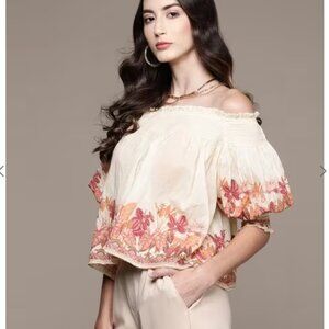 Kay+Jay Cotton Loose Floral Print Off-Shoulder Top Sz M